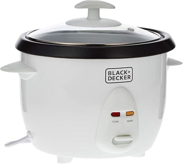 BLACK & DECKER Rice Cooker, 1L, 400W, with Removable Nonstick Bowl, Steaming Tray, Glass Lid, Cool-Touch Design, Auto Warm Function, and Water Level Indicator - White,