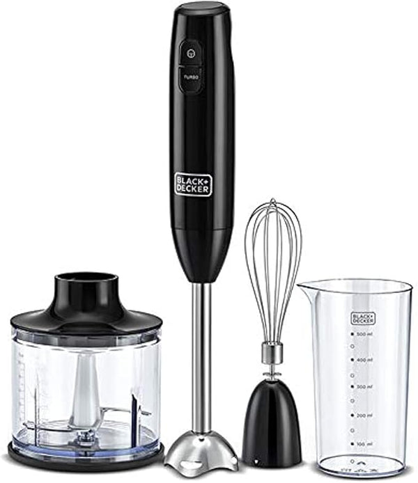 BLACK & DECKER Hand Blender, 600ml Chopping Bowl, Stainless Steel Blades, 500ml Beaker, 2 Speeds, 3-in-1 Functionality for Blending, Chopping, and Whisking, Anti-Slip Pad - Black,