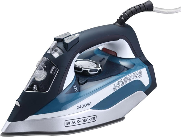 BLACK &amp; DECKER Steam Iron, 2400W, 380ml Water Tank, Ceramic-Coated Soleplate, Vertical Steam, Anti-Drip, Anti-Calc, Auto Shutoff, Self-Clean, Steam Burst, and 35g/min Continuous Steam – Blue,