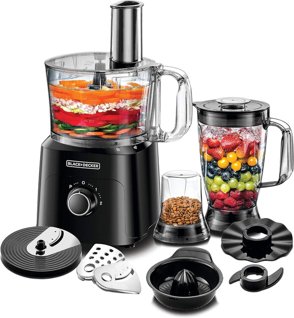 BLACK &amp; DECKER 5-in-1 Food Processor, 750W, 2L Processing Bowl, 1.8L Blender Jar, Grinder, Chopper, 34 Functions for Chopping, Slicing, Shredding, and More, Compact Kitchen Appliance - Black