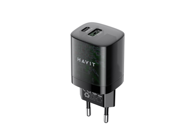 شاحن هافيت للسفر (Havit) - الموديل UC303 قوة 30 واط وشحن ثنائي لجميع الأجهزة بتصميم أوروبي