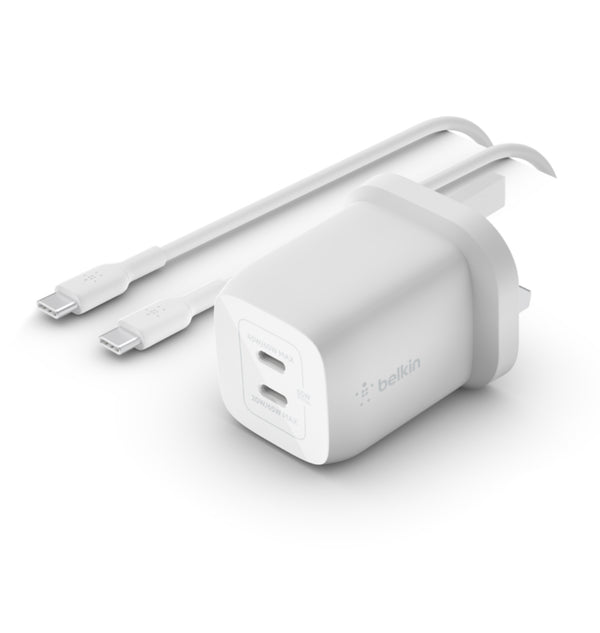 Belkin 65W Dual USB Type C Wall Charger, Fast Charging Power Delivery 3.0 with GaN Technology بلك شحن مع كيبل تايب سي