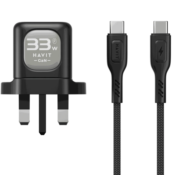 HAVIT 33W GaN Wall Charger UK Triple Port PD + QC With 60W C-to-C Cable شاحن 33 من هافيت