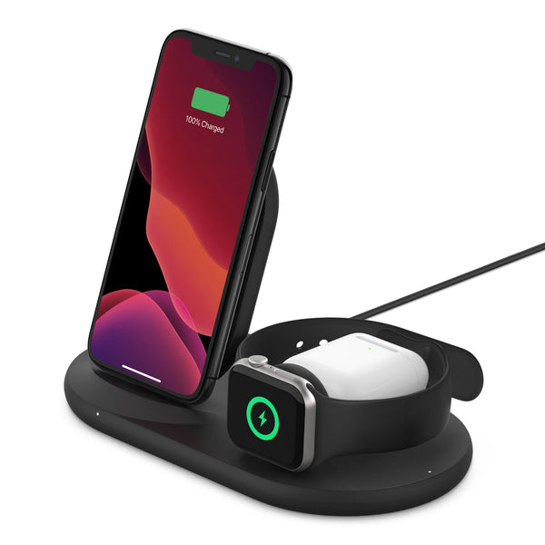 Belkin 3-in-1 Wireless Charger - Fast Charging Stand for Apple iPhone, Apple Watch & AirPods Caseشاحن مكتبي ثلاثي من بلكن