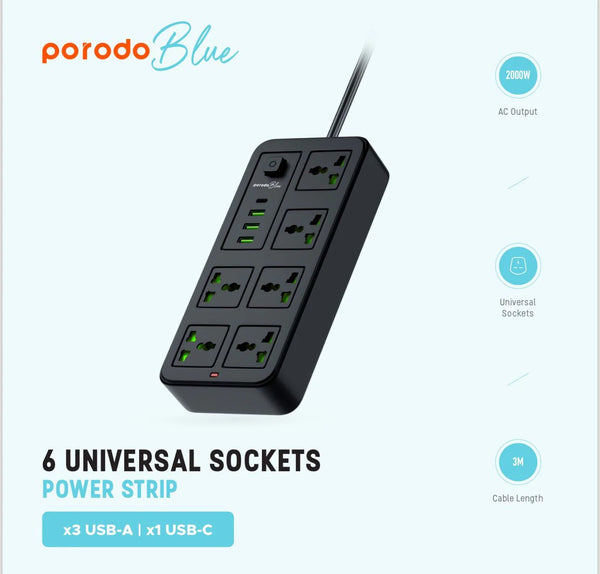 Porodo Blue 6 AC Power Socket With Type-C, 3USB-A (3m wire) UK – Black