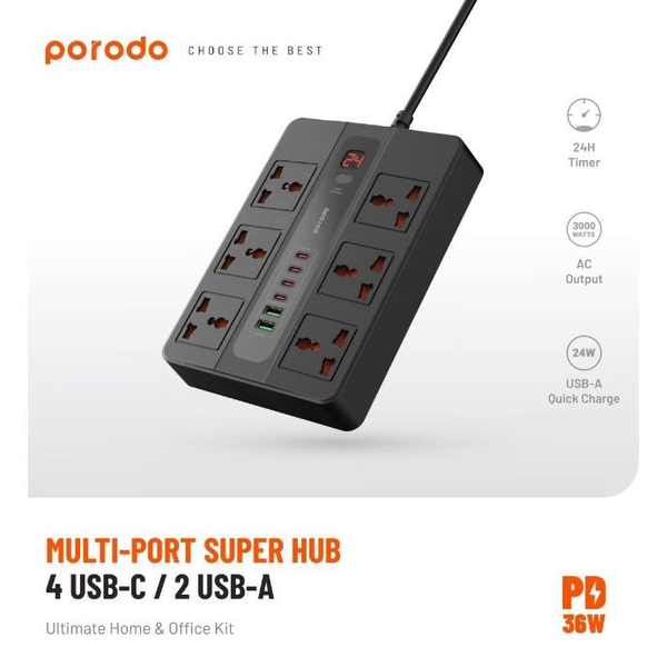 Porodo 6 AC 2 USB-A 24W & 4 USB-C PD 36W Multi-Port Super Hub 3M 3000W UK - Black