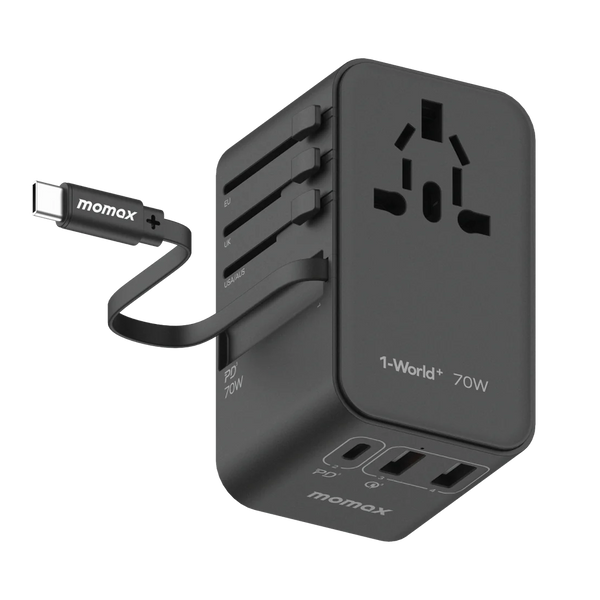 (Copy) 1-World+ 3-Port Travel GaN Charger With Built-in USB-C Cable 70W