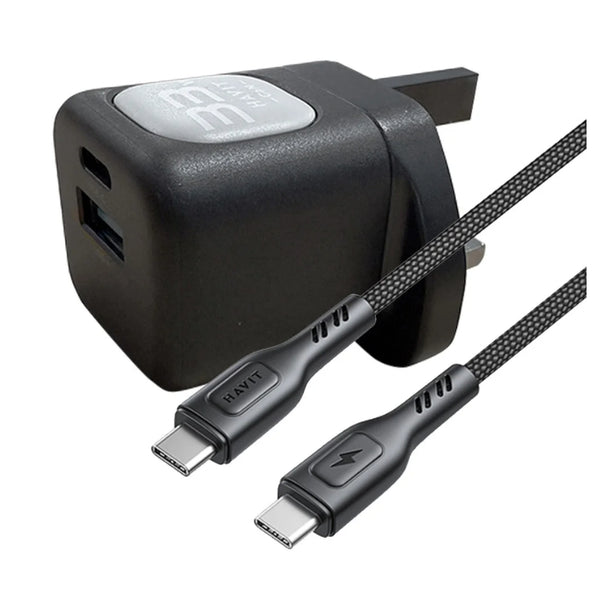 طقم شاحن هافيت GaN السريع (Havit) - الموديل UC230 (مع كيبل) قوة GaN المدمجة: 33 واط وشاحن 60 واط C-C في حزمة واحدة