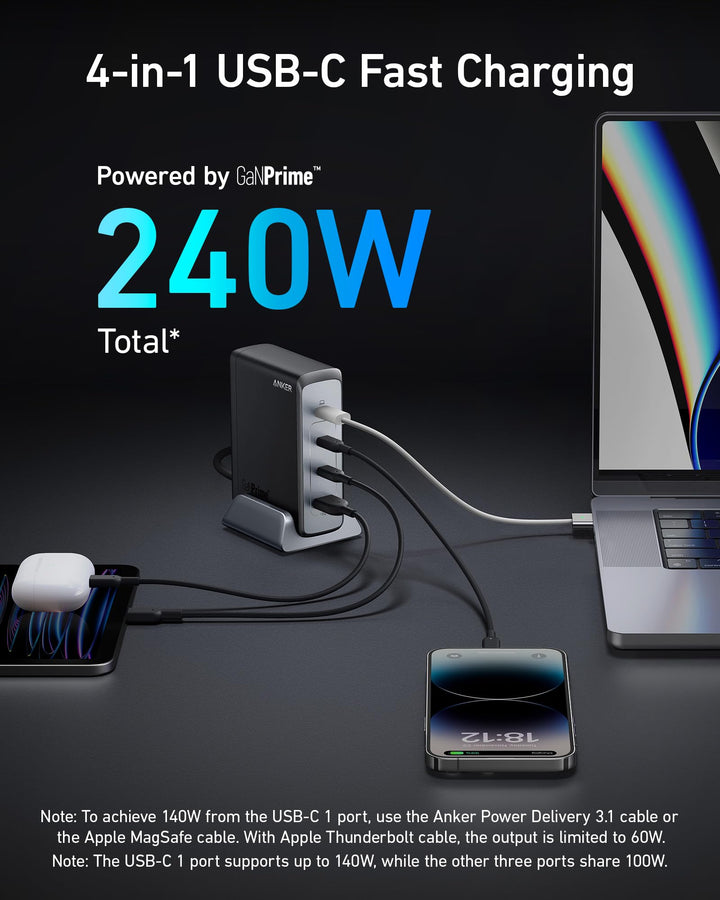 Anker 240W USB C Charger, Fast Compact 4 - Port GaN Charger for MacBook Pro/Air, iPhone, iPad Pro, Dell XPS, Galaxy, Pixel, Apple Watch - Eufy iraq