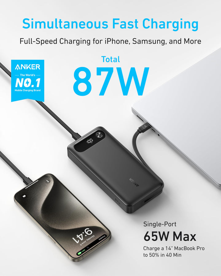Anker Power Bank, 20,000mAh Portable Charger with Built - in USB - C Cable, 87W - Eufy iraq