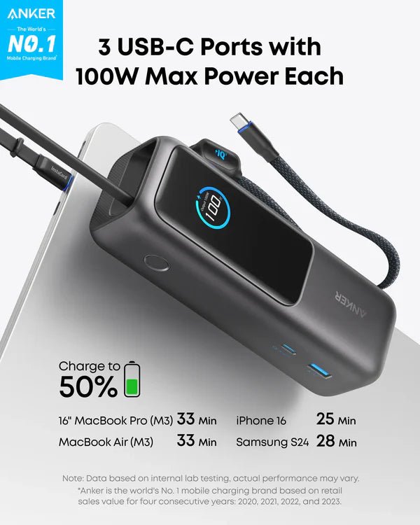 Anker Power Bank 25000mAh 165W Ultra - Fast Portable Charger with Built - In and Retractable USB C Cables A1695 - Eufy iraq