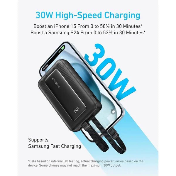 Anker Zolo Power Bank 10000mAh 30W with Built - in USB - C and Lightning Cables A1680 - Eufy iraq