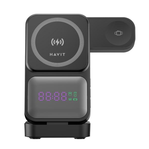 شاحن هافيت اللاسلكي 3 في 1 (Havit) - الموديل W3107 محطة شحن أنيقة: هاتف، ساعة، وسماعات في تصميم واحد عمودي