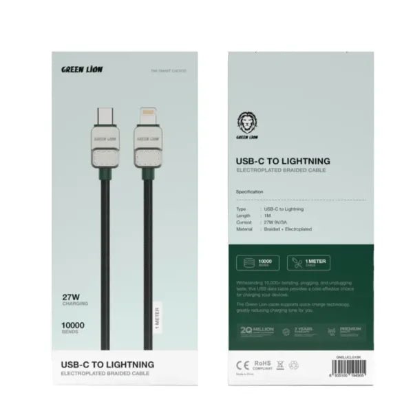 Green Lion USB C to Lightning Electroplated Braided Cable 1m 27W Black + Green - Eufy iraq