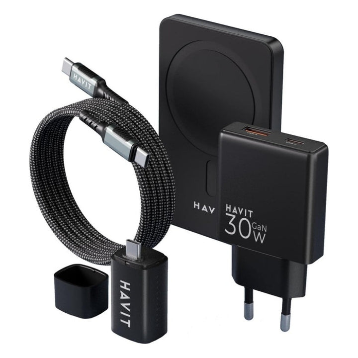Havit 2024 EU (Power Bank Kit) حزمة 4 - في - 1 : شاحن لاسلكي 20W ، شاحن جداري 30W ، Hub، وكابل 60W - Eufy iraq