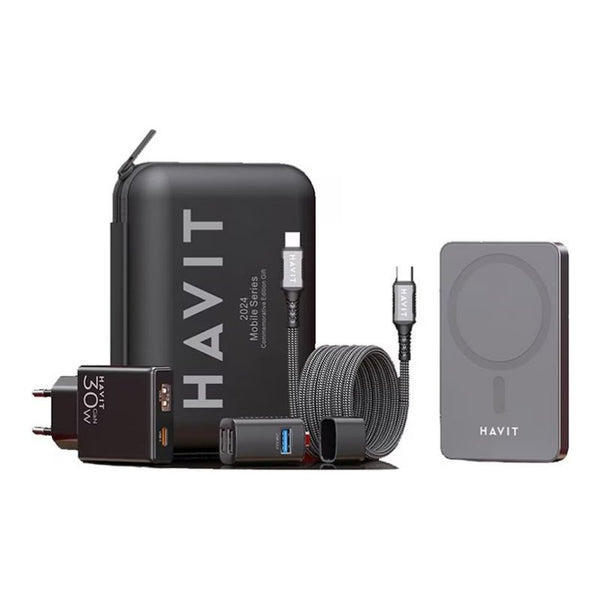 Havit 2024 EU (Power Bank Kit) حزمة 4 - في - 1 : شاحن لاسلكي 20W ، شاحن جداري 30W ، Hub، وكابل 60W - Eufy iraq
