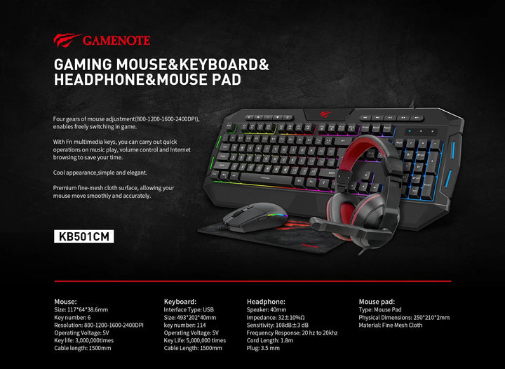 Havit KB501CM Gaming Combo 4 IN 1 (Keyboard + Mouse+ Headphone + Mouse Pad) - Eufy iraq