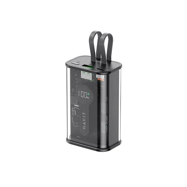 شاحن الطوارئ Havit PB94 ( 10,000mAh ,  22.5W ) - مع كابلات مدمجة الباور بانك المتكامل: كابل  USB-C  وكابل  Lightning  مدمجان وشاشة  LED