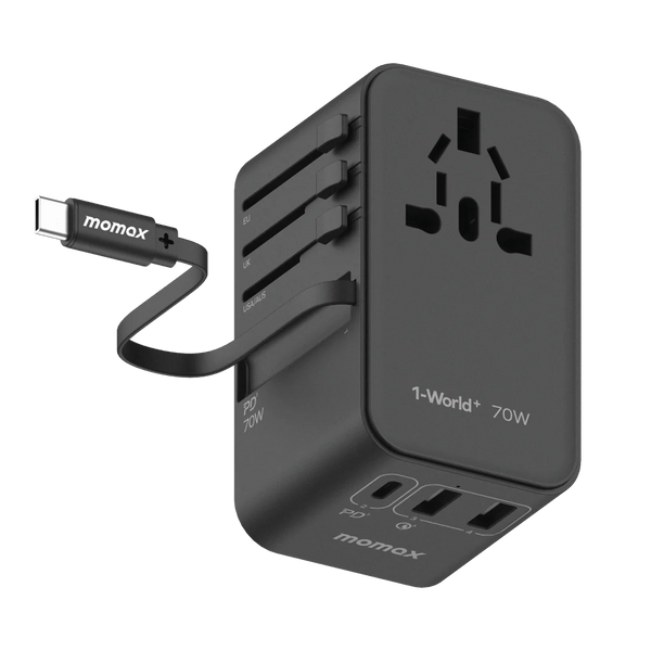 Momax 1 - World+ 3 - Port Travel GaN Charger With Built - in USB - C Cable 70W - Eufy iraq