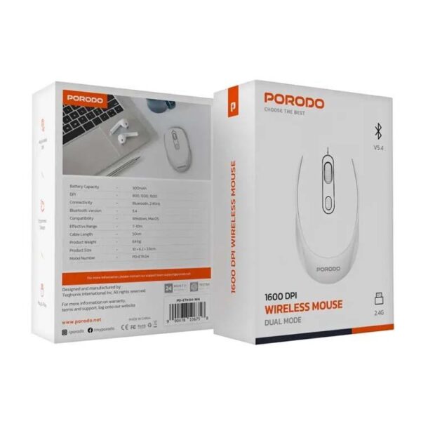 Porodo 2.4G+BT Dual Mode Rechargeable Mouse 300mAh battery Adjustable 800 - 1600 DPI - Eufy iraq