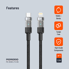 Porodo 30W Lightning to Type - C Braided Cable with PD Display 1.2M – Black - Eufy iraq