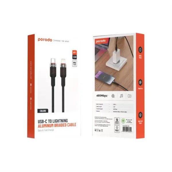 Porodo Alum. Alloy Braided Cable Type - C to Lightning 30W 1.2m – Black - Eufy iraq