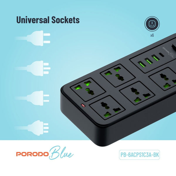Porodo Blue 6 Universal Sockets Power Strip 3M - Eufy iraq