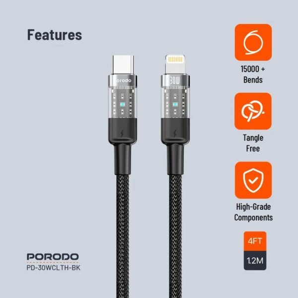 Porodo Braided 30W PD C to Lightning Fast Charging Cable with Transparent Head 1.2M - Eufy iraq