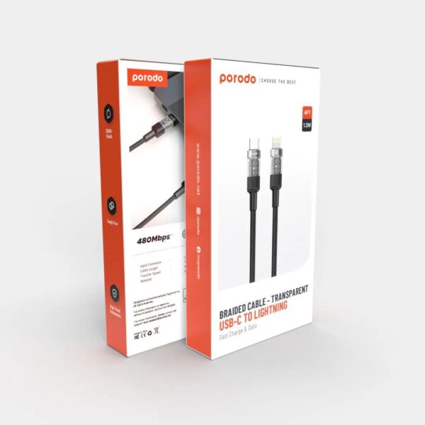 Porodo Braided 30W PD C to Lightning Fast Charging Cable with Transparent Head 1.2M - Eufy iraq