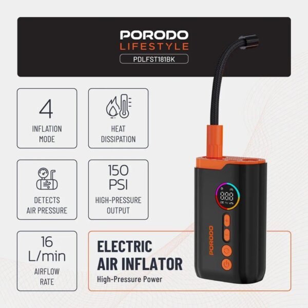 Porodo Lifestyle 55W Portable Tire Inflator 150 PSI with 4 Modes and Digital Display منفاخ اطارات - Eufy iraq