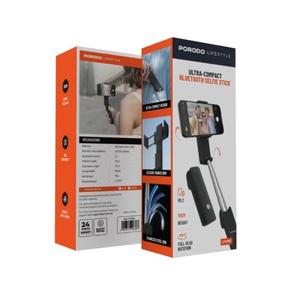Porodo Lifestyle Ultra - Compact Bluetooth Selfie Stick – Black - Eufy iraq