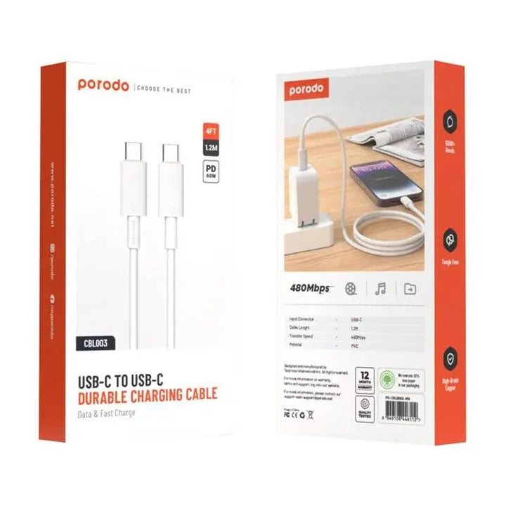 Porodo Type - C to C PVC Cable 1.2m – White - Eufy iraq