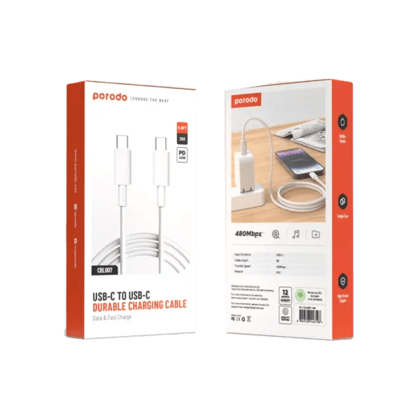 Porodo Type - C to C PVC Cable 3m – White - Eufy iraq