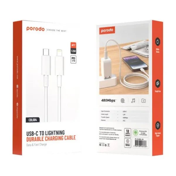 Porodo Type - C to Lightning PVC Cable 1.2m – White - Eufy iraq