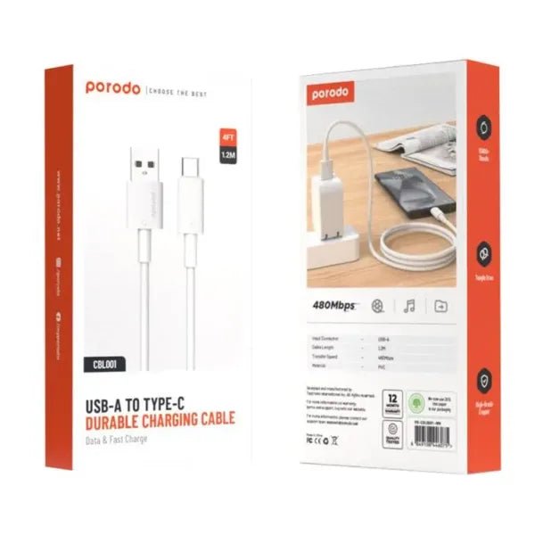 Porodo USB A to C PVC Cable 1.2m – White - Eufy iraq
