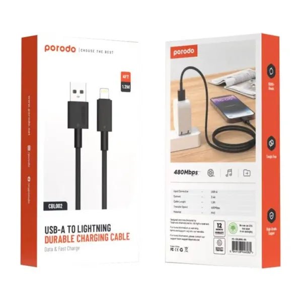Porodo USB A to Lightning PVC Cable 1.2m – Black - Eufy iraq