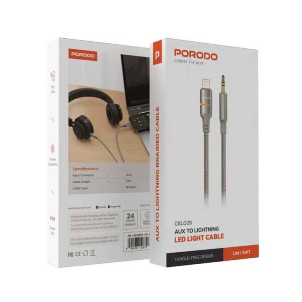 Porodo USB2.0 Lightning to 3.5mm Braided Audio Cable 1.2M – Grey - Eufy iraq